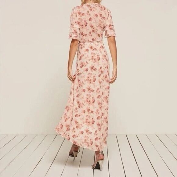 Reformation Lottie Floral Wrap Maxi Dress Pink Red M Ruffle Sleeve High Low Hem - Picture 5 of 15